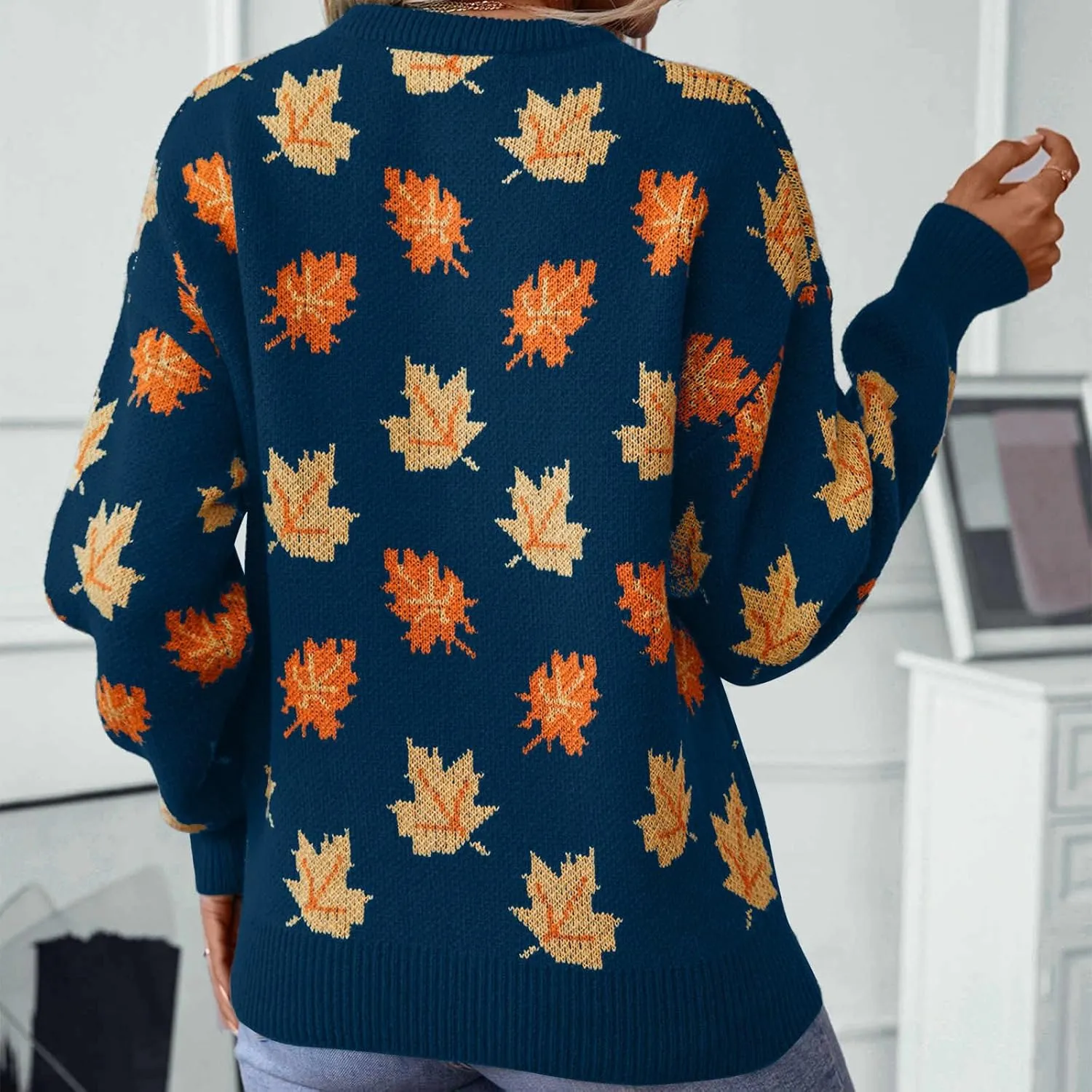 Women's Casual Maple Leaf Print Crewneck Knit Sweater 2024 Fall Winter Fashion Long Sleeve Graphic Loose Jumpers Tops
