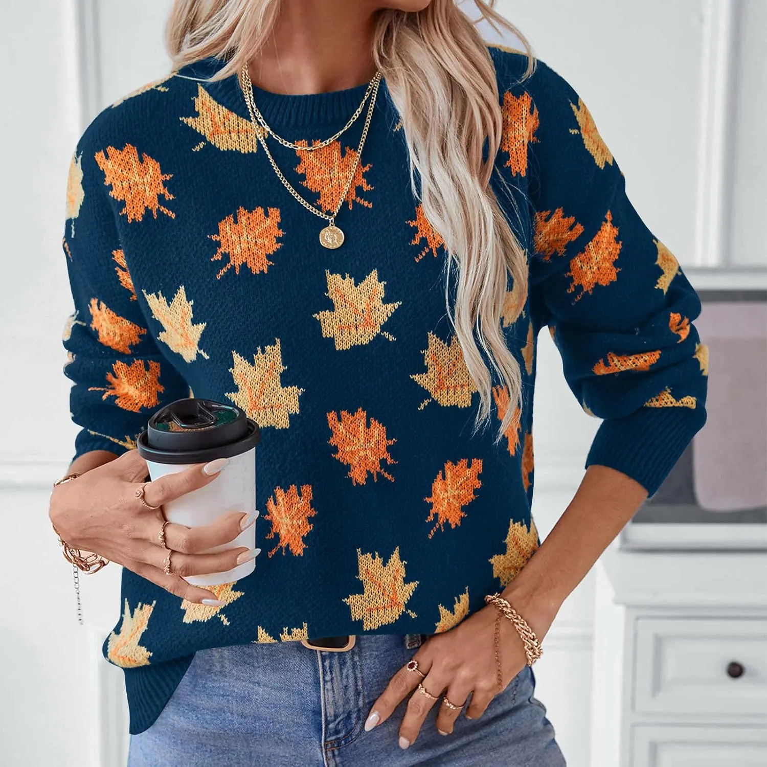 Women's Casual Maple Leaf Print Crewneck Knit Sweater 2024 Fall Winter Fashion Long Sleeve Graphic Loose Jumpers Tops