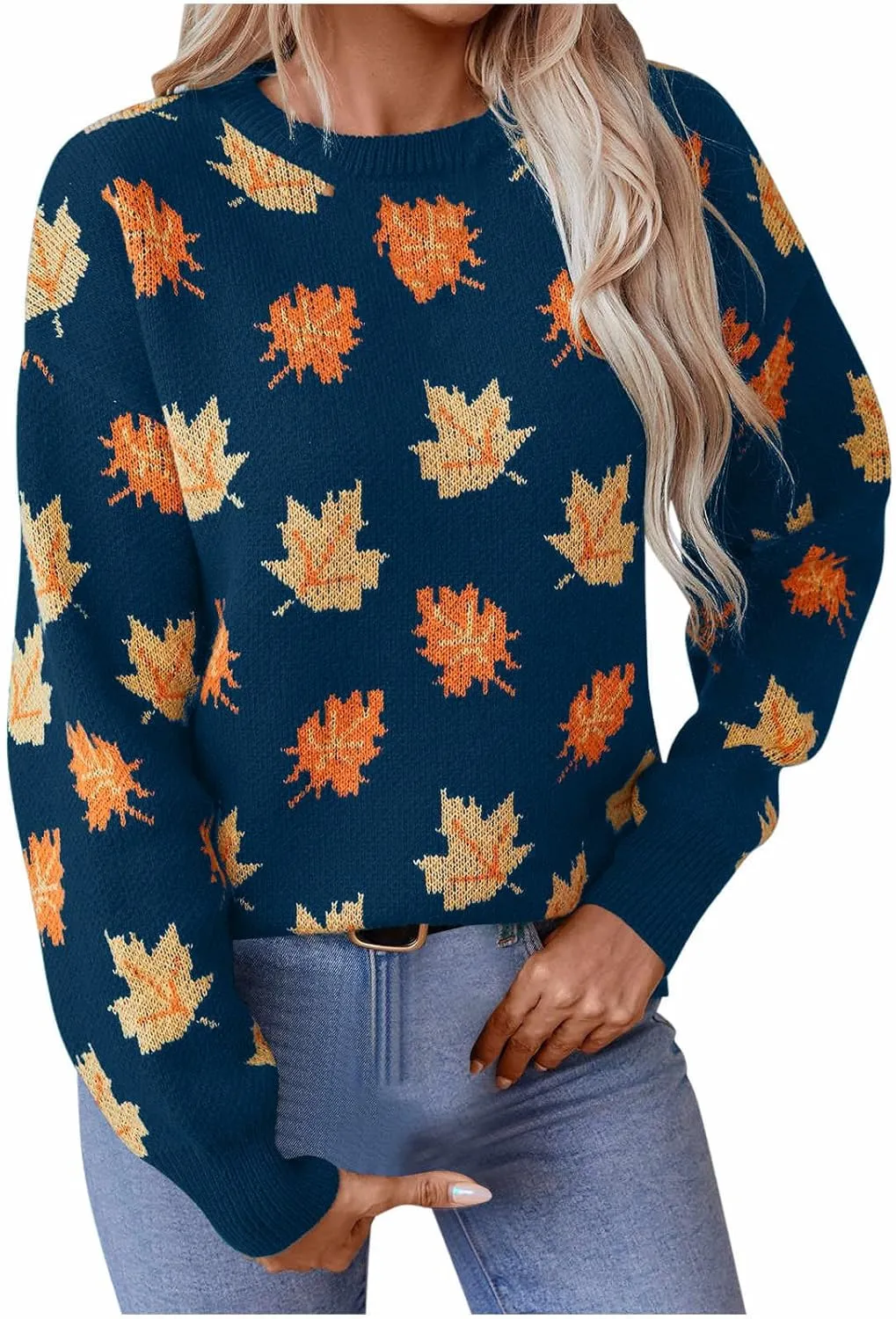 Women's Casual Maple Leaf Print Crewneck Knit Sweater 2024 Fall Winter Fashion Long Sleeve Graphic Loose Jumpers Tops