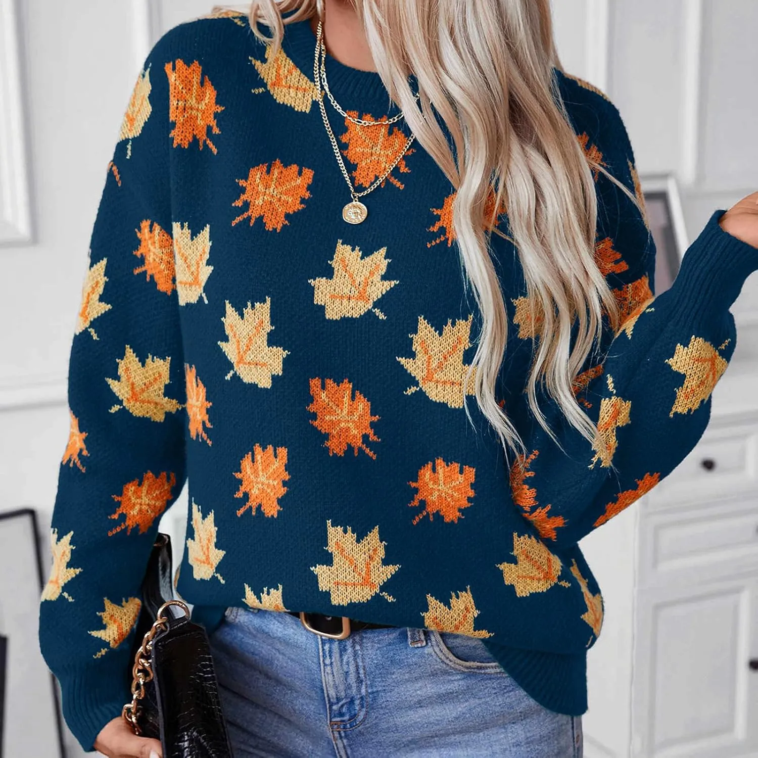Women's Casual Maple Leaf Print Crewneck Knit Sweater 2024 Fall Winter Fashion Long Sleeve Graphic Loose Jumpers Tops