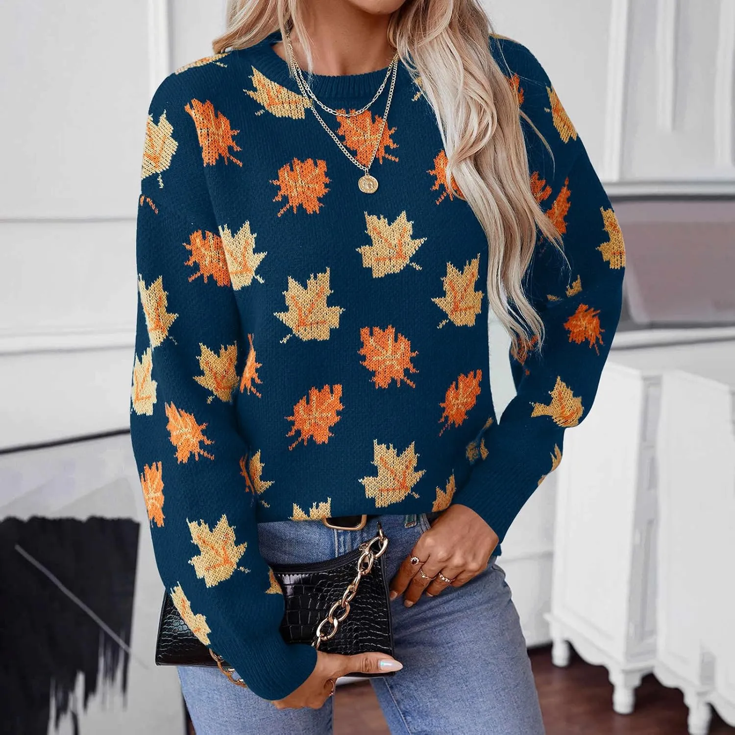 Women's Casual Maple Leaf Print Crewneck Knit Sweater 2024 Fall Winter Fashion Long Sleeve Graphic Loose Jumpers Tops