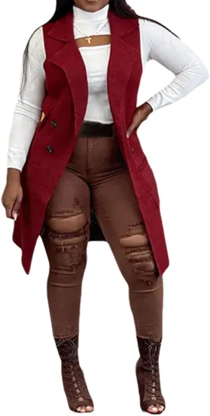Women's Casual Sleeveless Long Sweater Vest Open Front Knit Cardigan Waistcoat with Pockets