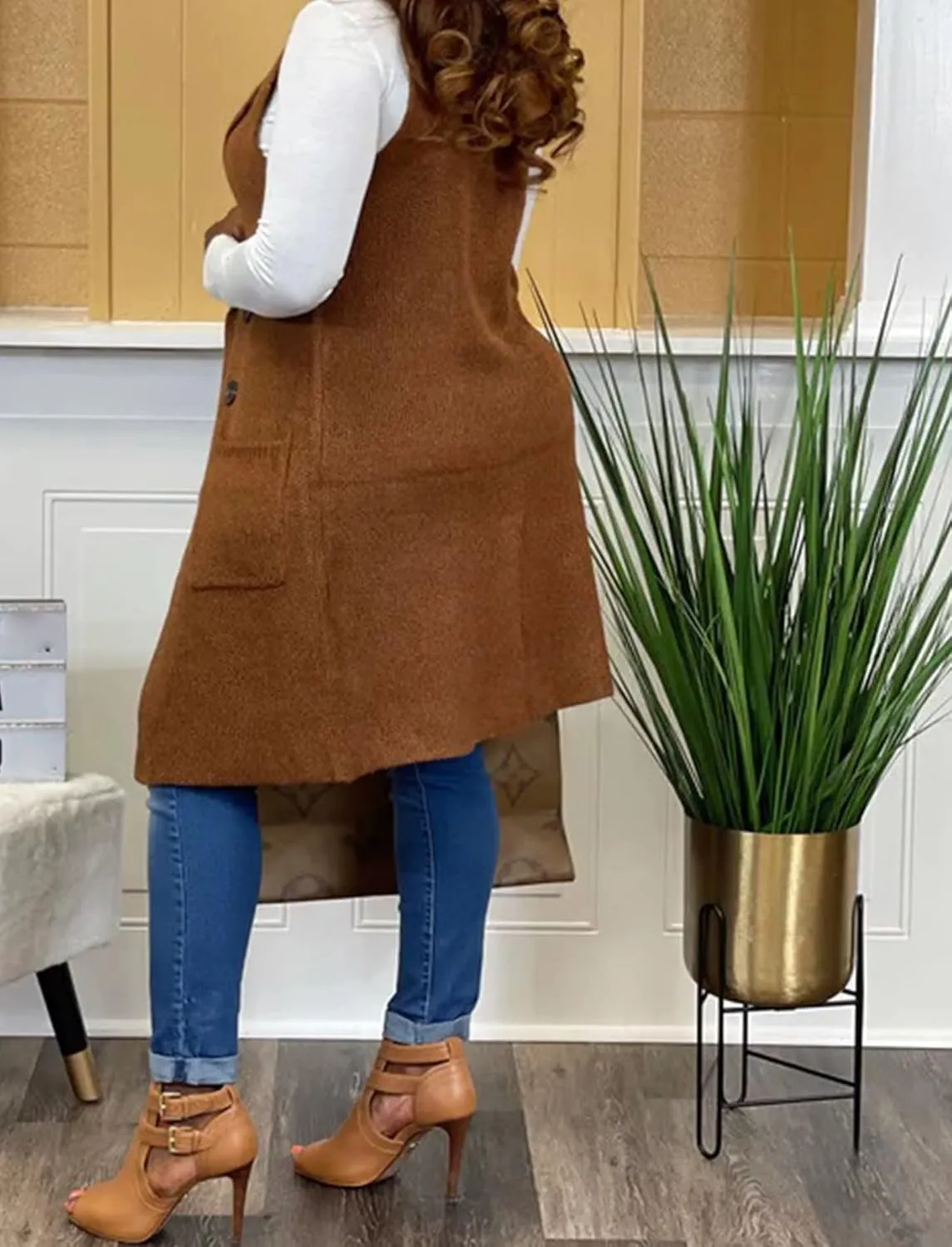 Women's Casual Sleeveless Long Sweater Vest Open Front Knit Cardigan Waistcoat with Pockets