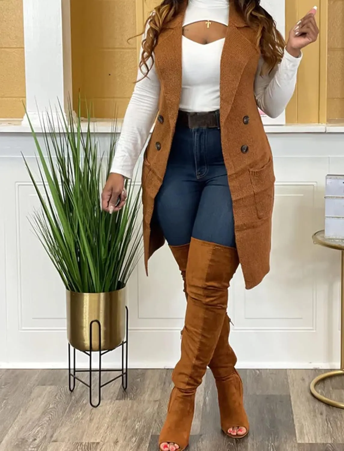Women's Casual Sleeveless Long Sweater Vest Open Front Knit Cardigan Waistcoat with Pockets