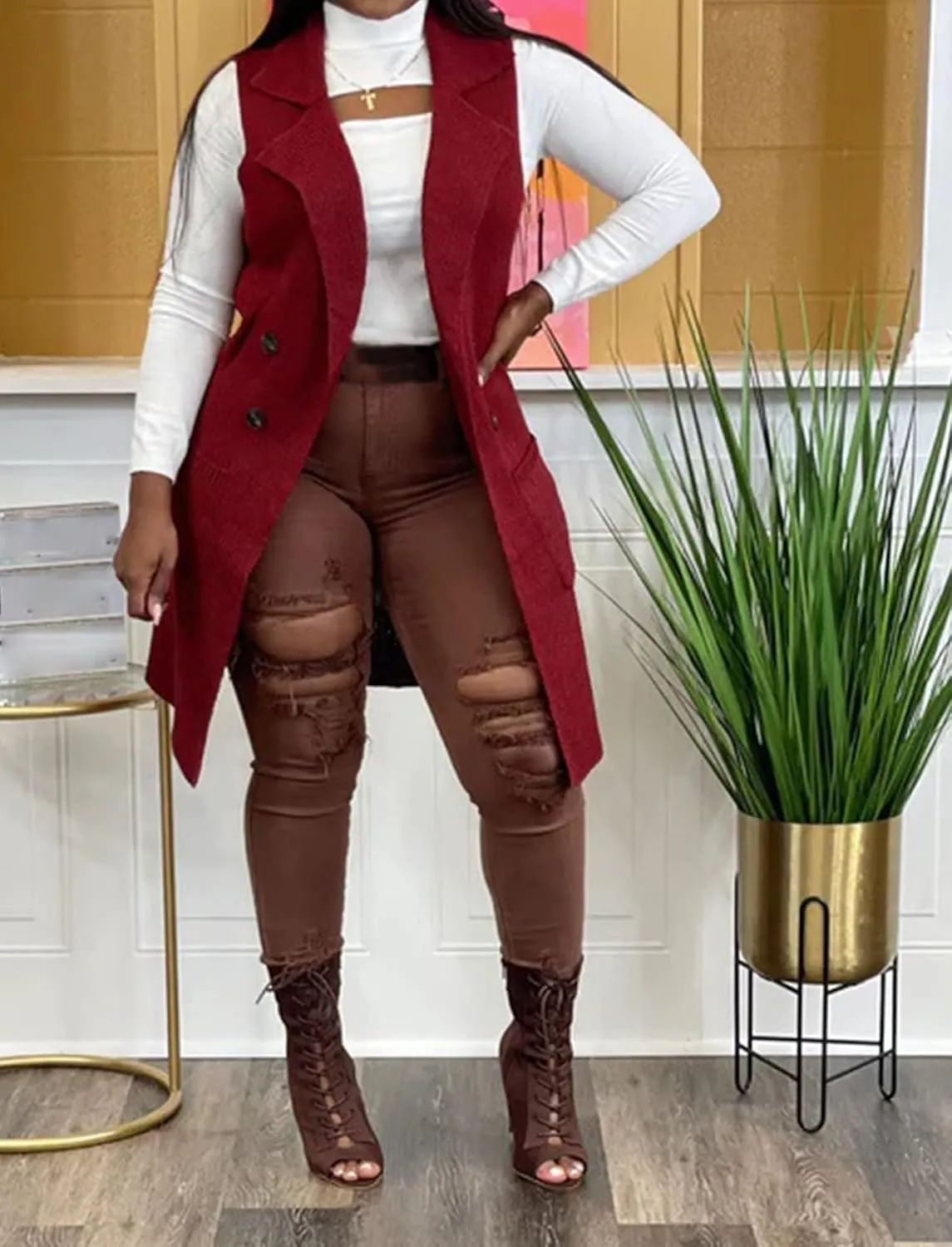 Women's Casual Sleeveless Long Sweater Vest Open Front Knit Cardigan Waistcoat with Pockets