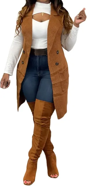 Women's Casual Sleeveless Long Sweater Vest Open Front Knit Cardigan Waistcoat with Pockets