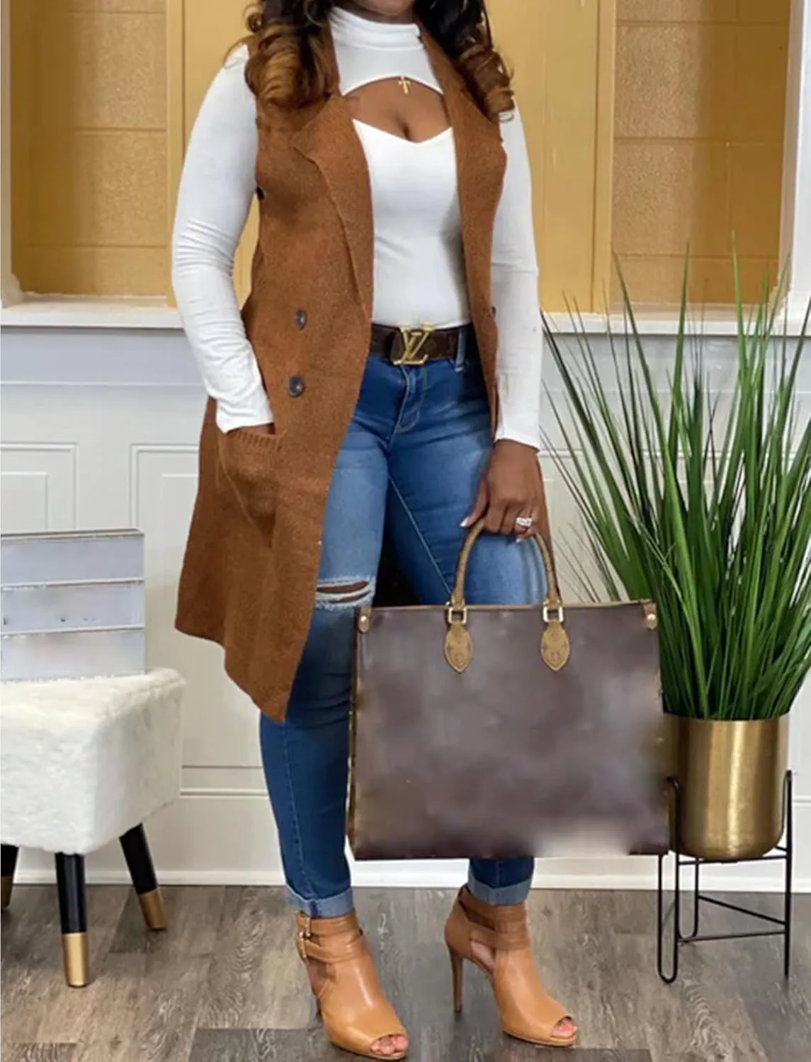 Women's Casual Sleeveless Long Sweater Vest Open Front Knit Cardigan Waistcoat with Pockets