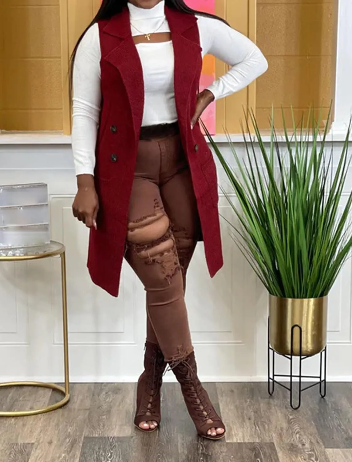 Women's Casual Sleeveless Long Sweater Vest Open Front Knit Cardigan Waistcoat with Pockets