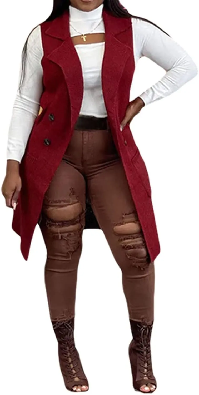 Women's Casual Sleeveless Long Sweater Vest Open Front Knit Cardigan Waistcoat with Pockets