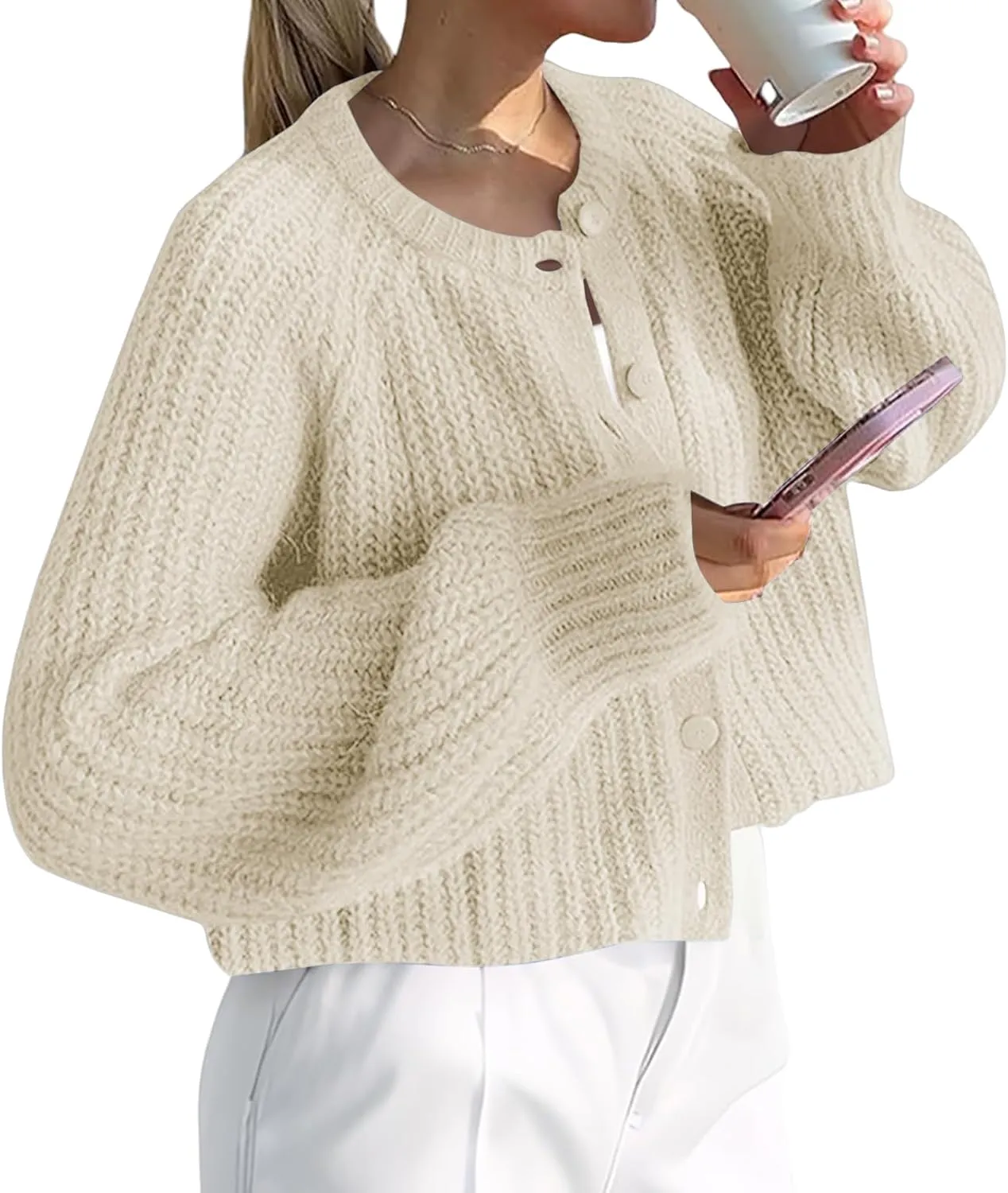 Womens Chunky Knit Cropped Cardigan Botton Down Sweater Casual Open Front Coat Outerwear Jacket Winter