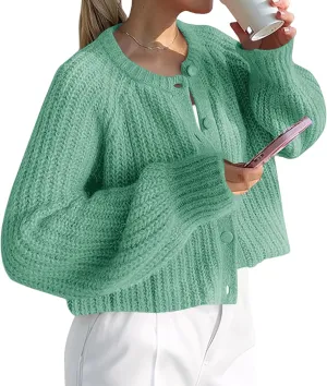 Womens Chunky Knit Cropped Cardigan Botton Down Sweater Casual Open Front Coat Outerwear Jacket Winter