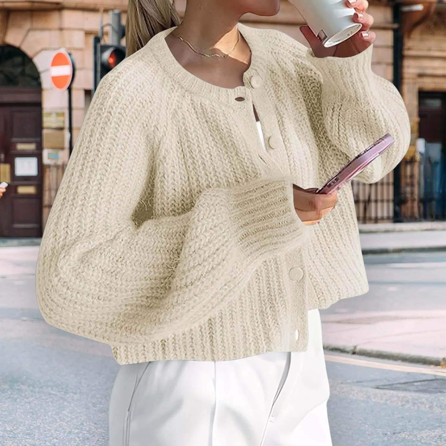 Womens Chunky Knit Cropped Cardigan Botton Down Sweater Casual Open Front Coat Outerwear Jacket Winter