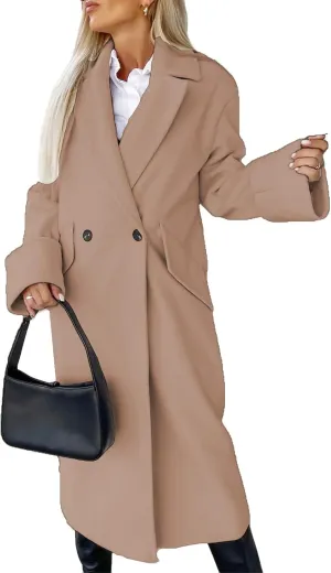 Women's Collar Work Double Breasted Maxi Long Pea Coats Oversized Double Breasted Long Trench Overcoat Winter