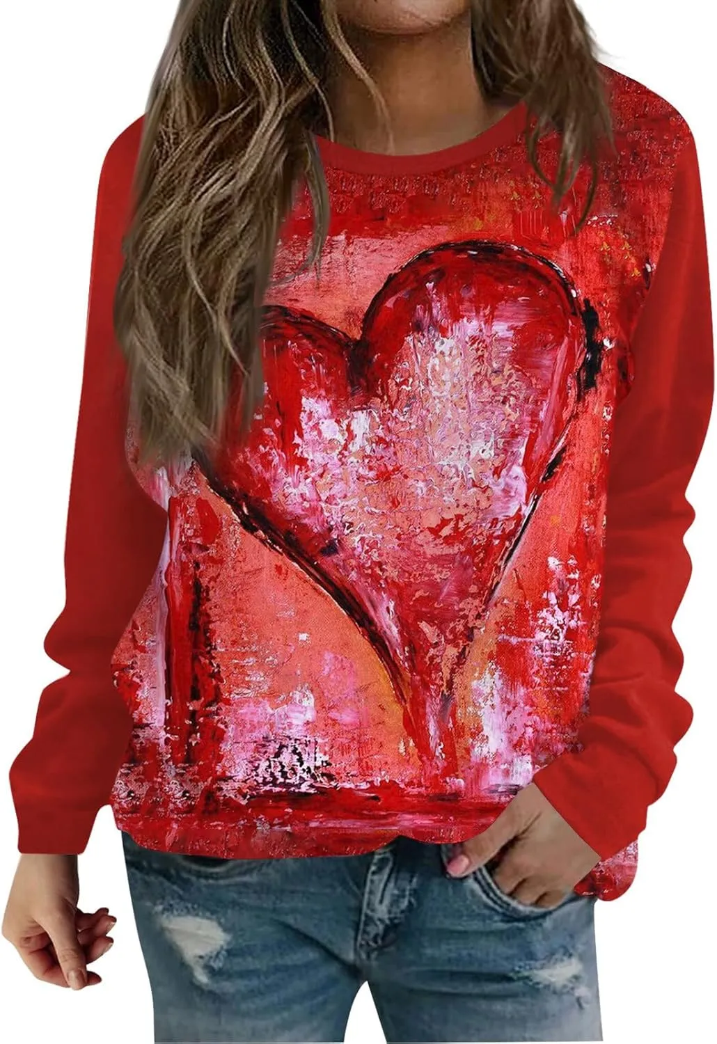 Womens Crewneck Oversized Valentines Day Shirts Women Plaid Love Heart Sweatshirts Raglan Blouse Tops Plus Size