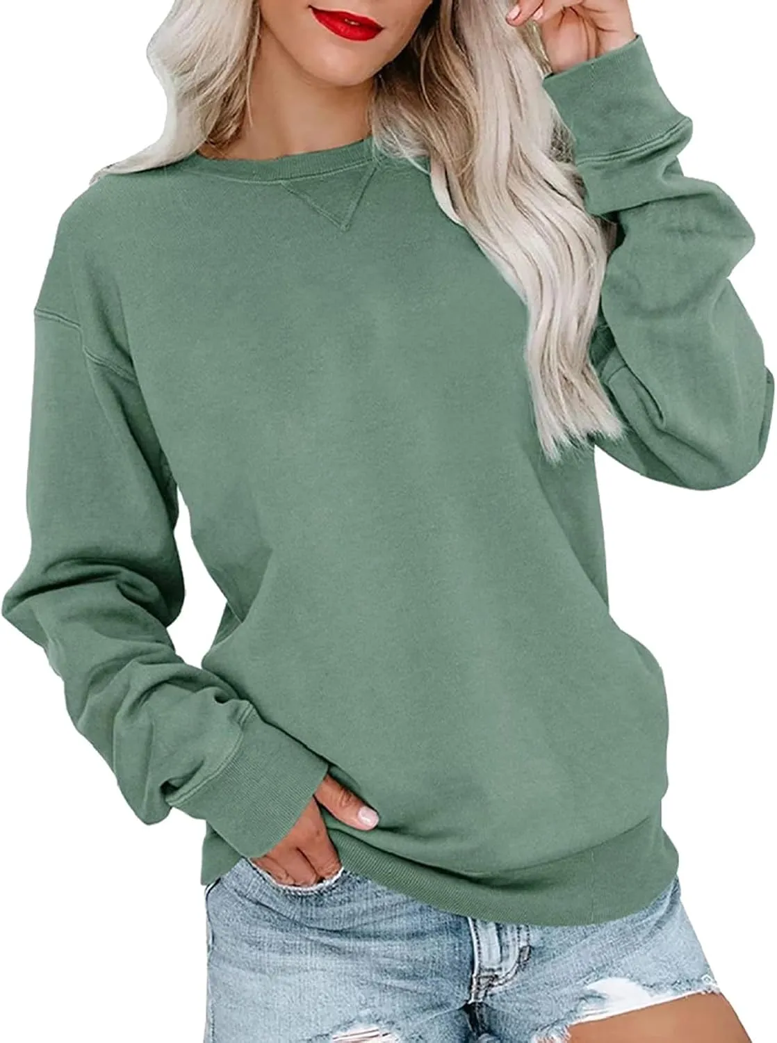 Womens Crewneck Sweatshrits Loose Casual Long Sleeve Solid Color Drop Shoulder Pullover Hoodies Fall Relaxed Fit Tops