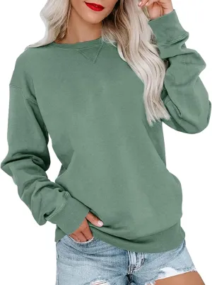 Womens Crewneck Sweatshrits Loose Casual Long Sleeve Solid Color Drop Shoulder Pullover Hoodies Fall Relaxed Fit Tops