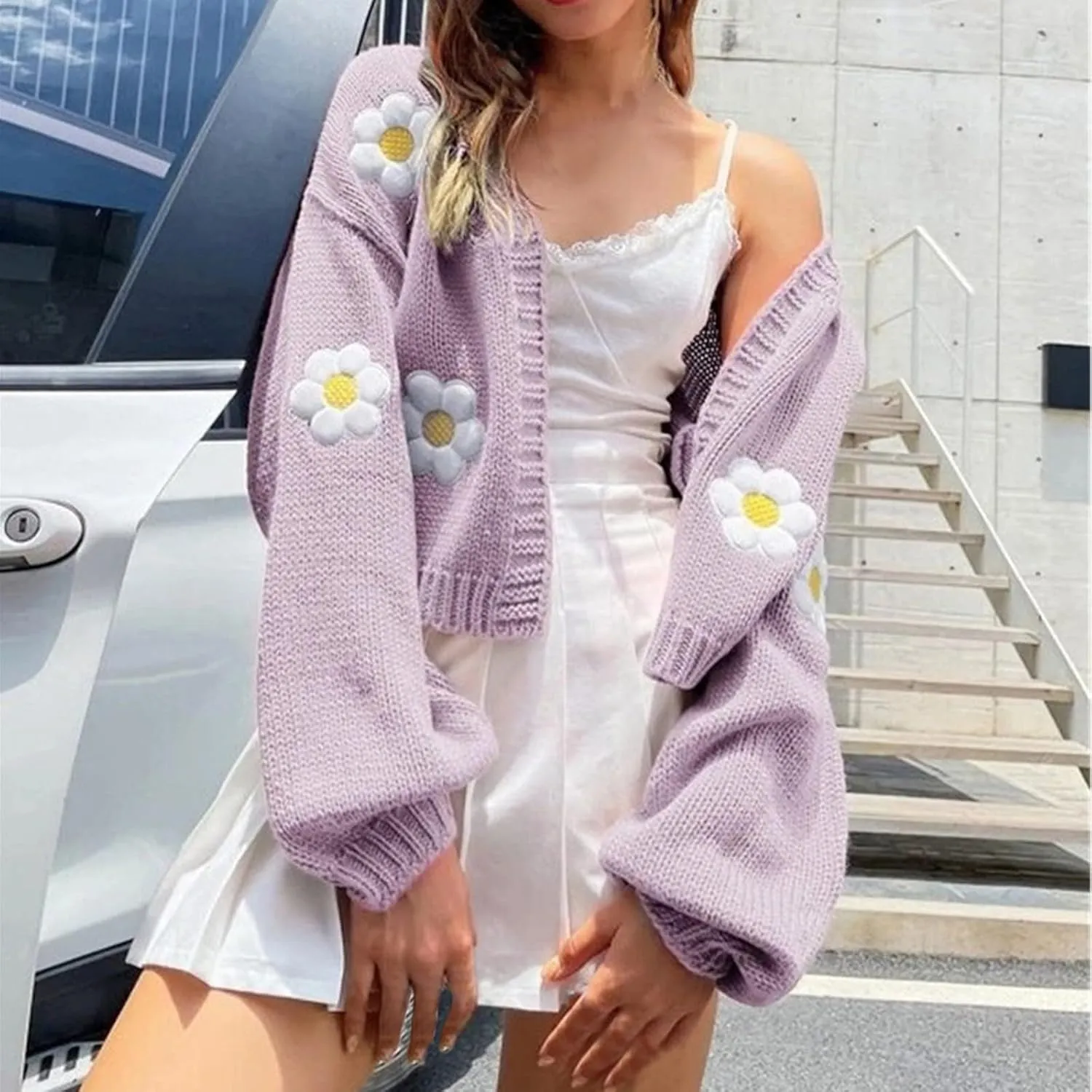 Women's Cropped Cardigan Sweaters Lightweight Cable Knit Cute Flower Sweater Trendy Open Front Cardigans Y2k Clothes