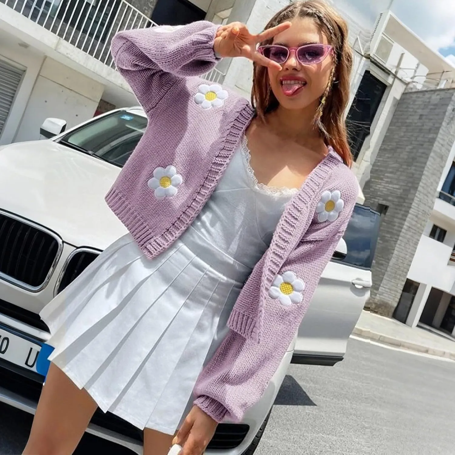 Women's Cropped Cardigan Sweaters Lightweight Cable Knit Cute Flower Sweater Trendy Open Front Cardigans Y2k Clothes