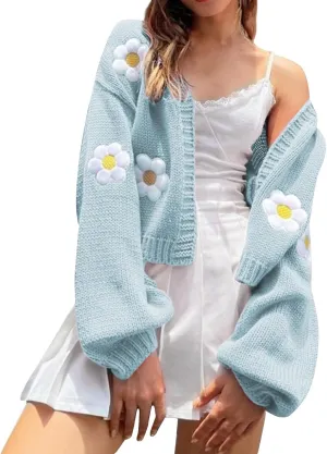 Women's Cropped Cardigan Sweaters Lightweight Cable Knit Cute Flower Sweater Trendy Open Front Cardigans Y2k Clothes