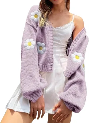 Women's Cropped Cardigan Sweaters Lightweight Cable Knit Cute Flower Sweater Trendy Open Front Cardigans Y2k Clothes