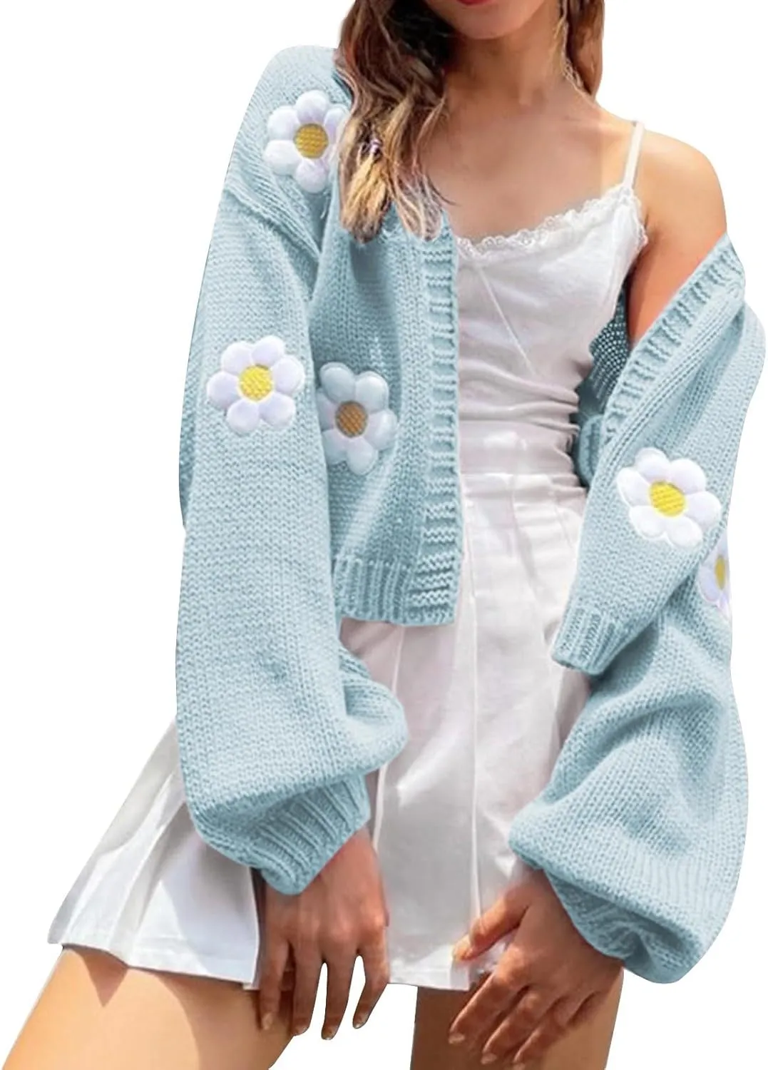 Women's Cropped Cardigan Sweaters Lightweight Cable Knit Cute Flower Sweater Trendy Open Front Cardigans Y2k Clothes