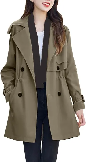 Women's Double-Breasted Trench Coat Classic Lapel Overcoat Windbreaker Outerwear Waterproof Coats Lightweight Jacket