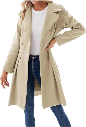 Women's Double Breasted Trench Coat Wool Blend Notch Lapel Pea Coat Elegant Long Jacket Overcoat