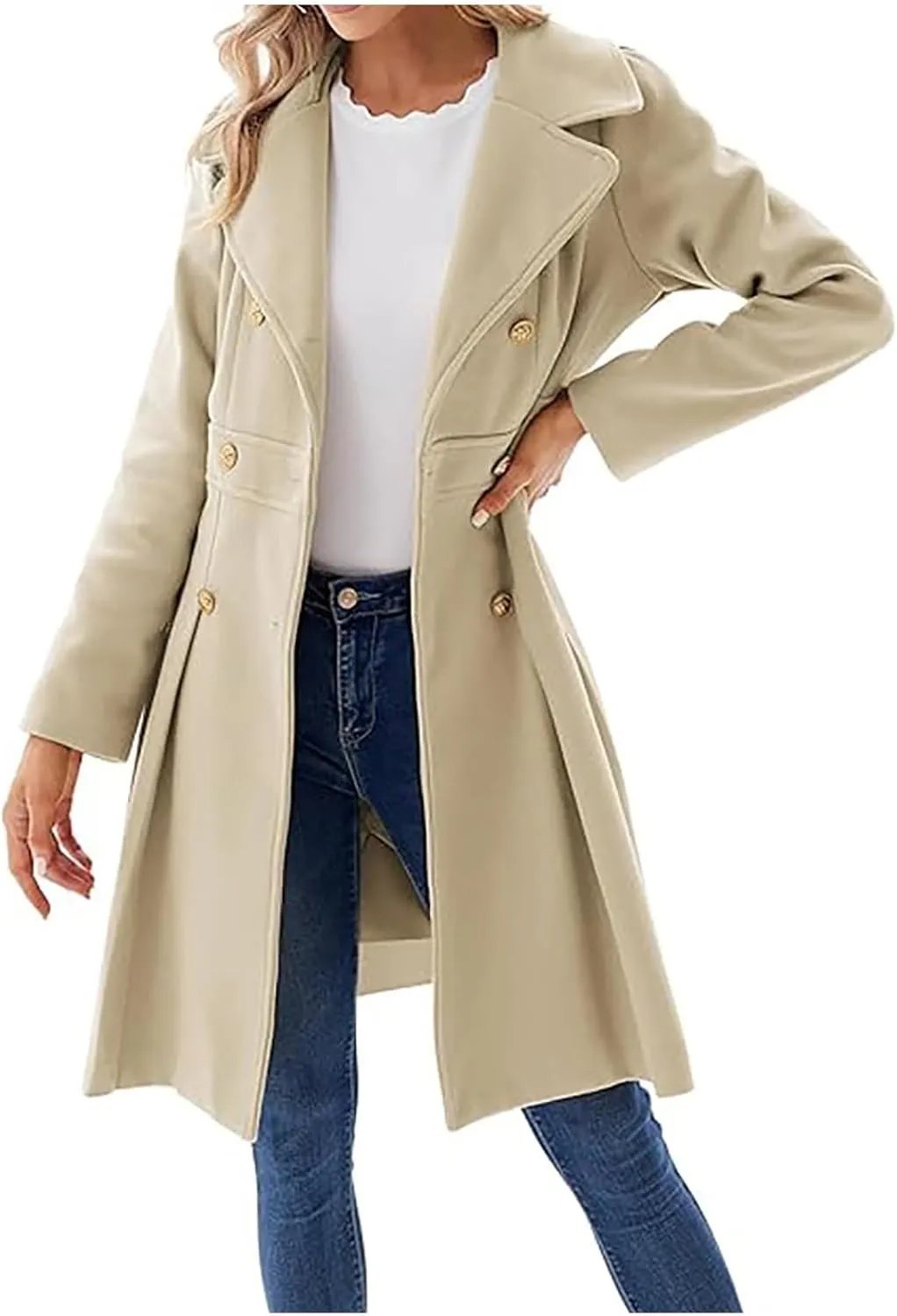 Women's Double Breasted Trench Coat Wool Blend Notch Lapel Pea Coat Elegant Long Jacket Overcoat