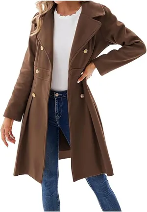 Women's Double Breasted Trench Coat Wool Blend Notch Lapel Pea Coat Elegant Long Jacket Overcoat