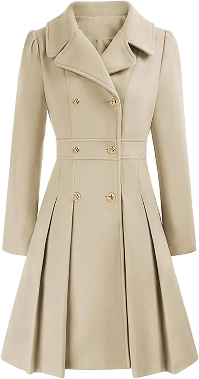 Women's Double Breasted Trench Coat Wool Blend Notch Lapel Pea Coat Elegant Long Jacket Overcoat