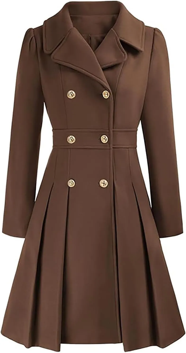 Women's Double Breasted Trench Coat Wool Blend Notch Lapel Pea Coat Elegant Long Jacket Overcoat