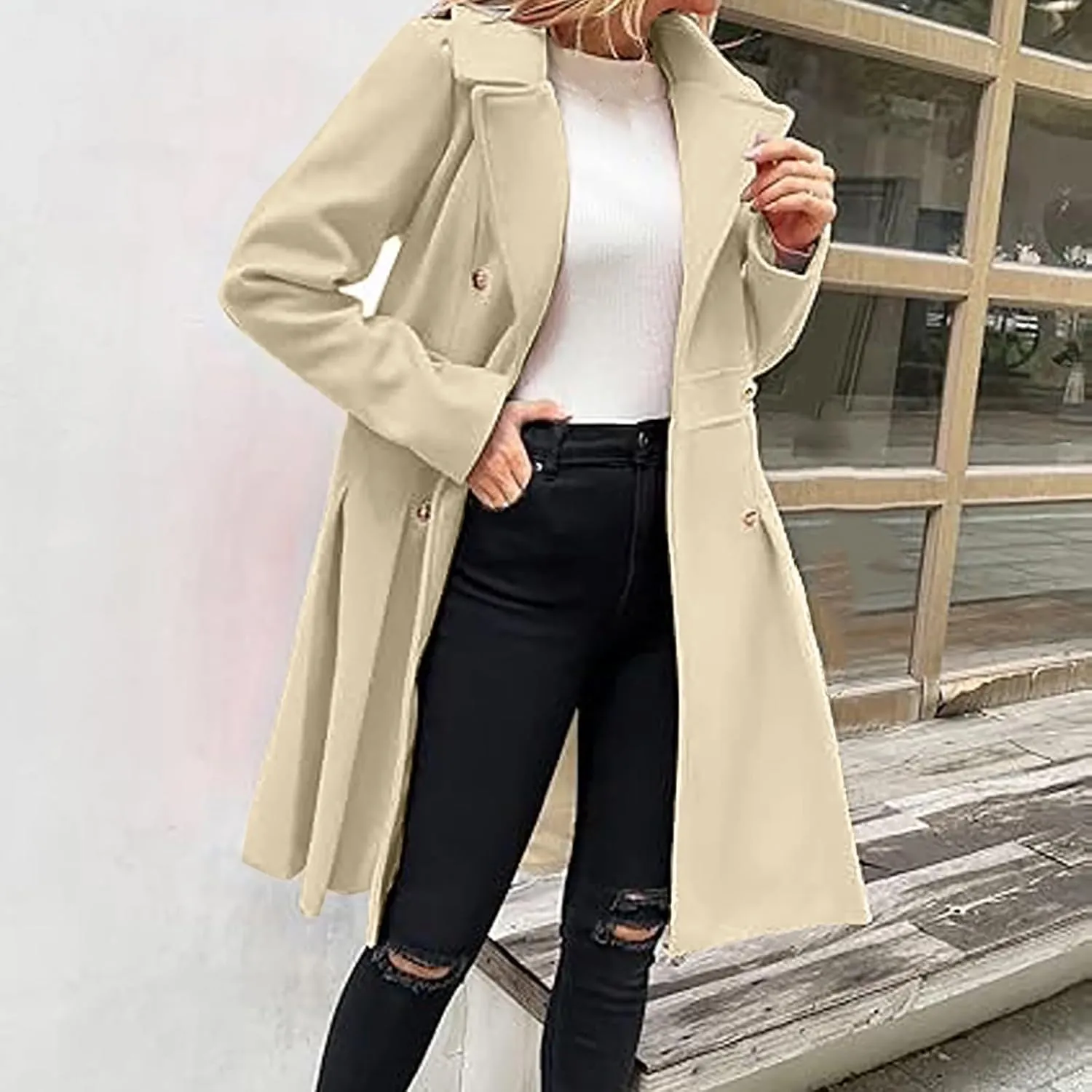 Women's Double Breasted Trench Coat Wool Blend Notch Lapel Pea Coat Elegant Long Jacket Overcoat