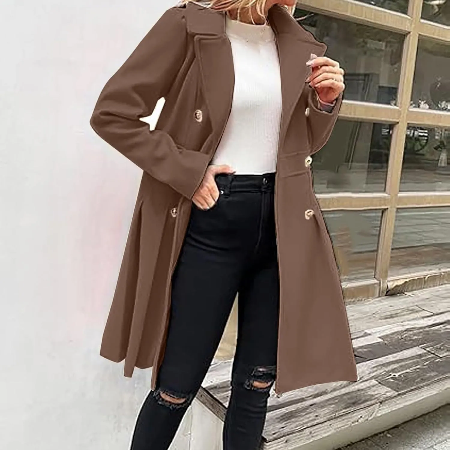 Women's Double Breasted Trench Coat Wool Blend Notch Lapel Pea Coat Elegant Long Jacket Overcoat