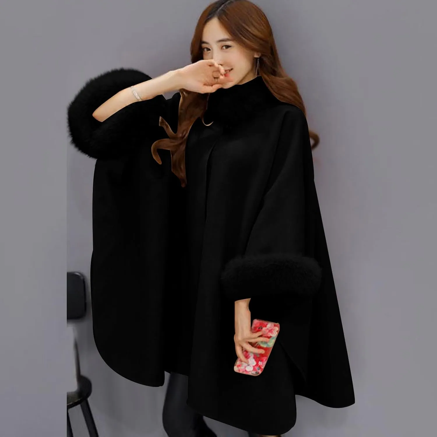 Women's Elegant Poncho Open Front Slit Sleeve Flowy Wool Blend Cape Cloak Overcoat Faux Fur Collar Pea Coat Trench Coat