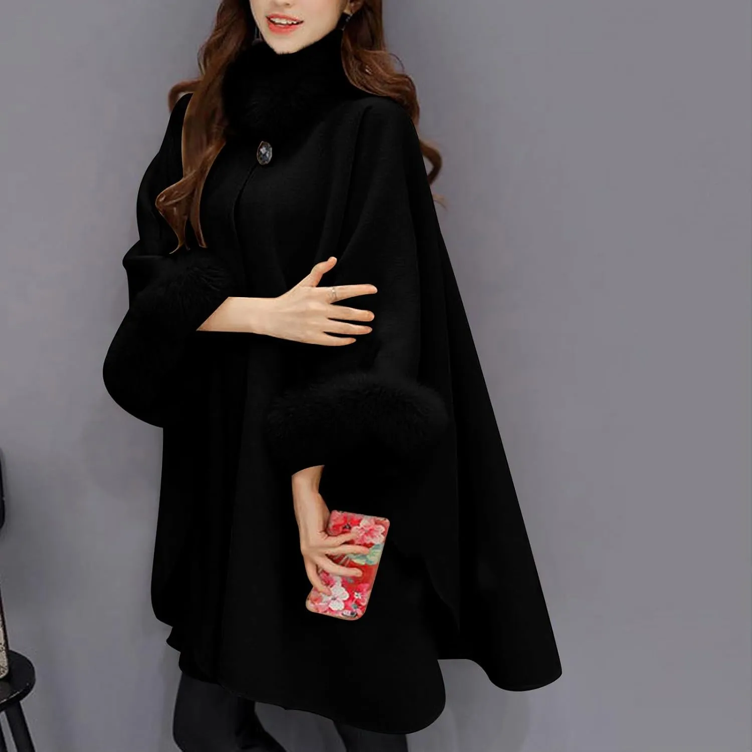 Women's Elegant Poncho Open Front Slit Sleeve Flowy Wool Blend Cape Cloak Overcoat Faux Fur Collar Pea Coat Trench Coat
