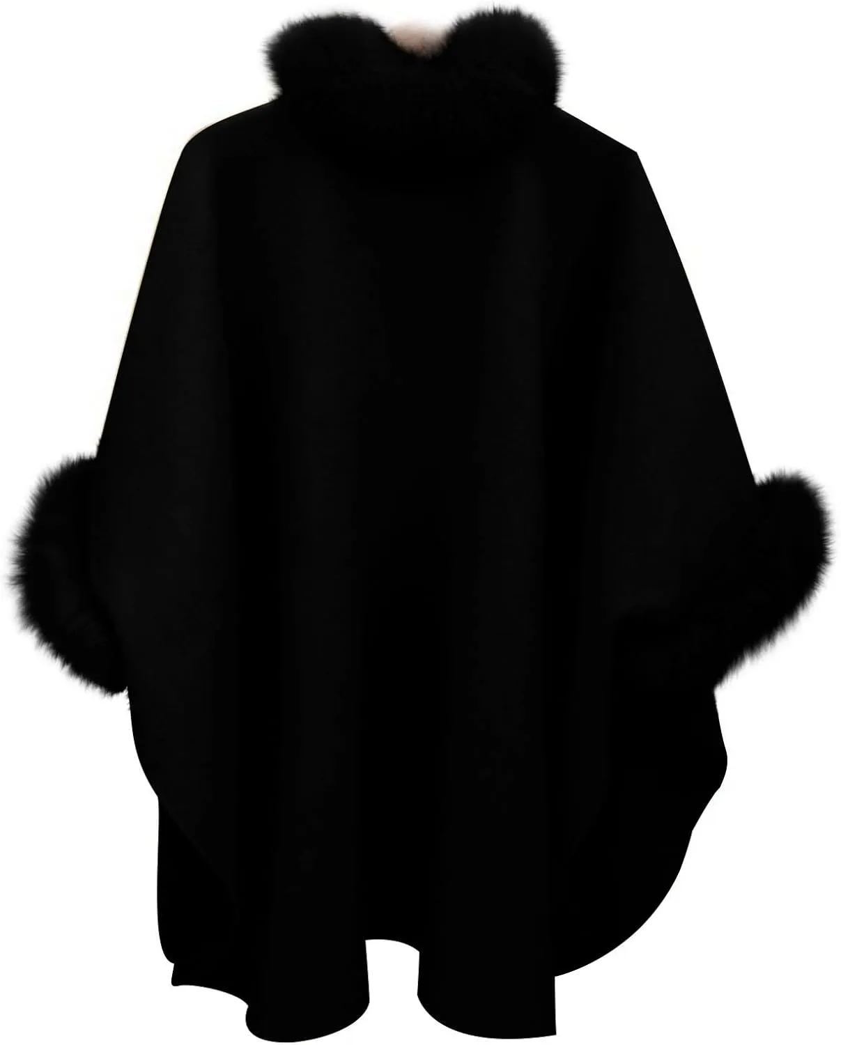 Women's Elegant Poncho Open Front Slit Sleeve Flowy Wool Blend Cape Cloak Overcoat Faux Fur Collar Pea Coat Trench Coat