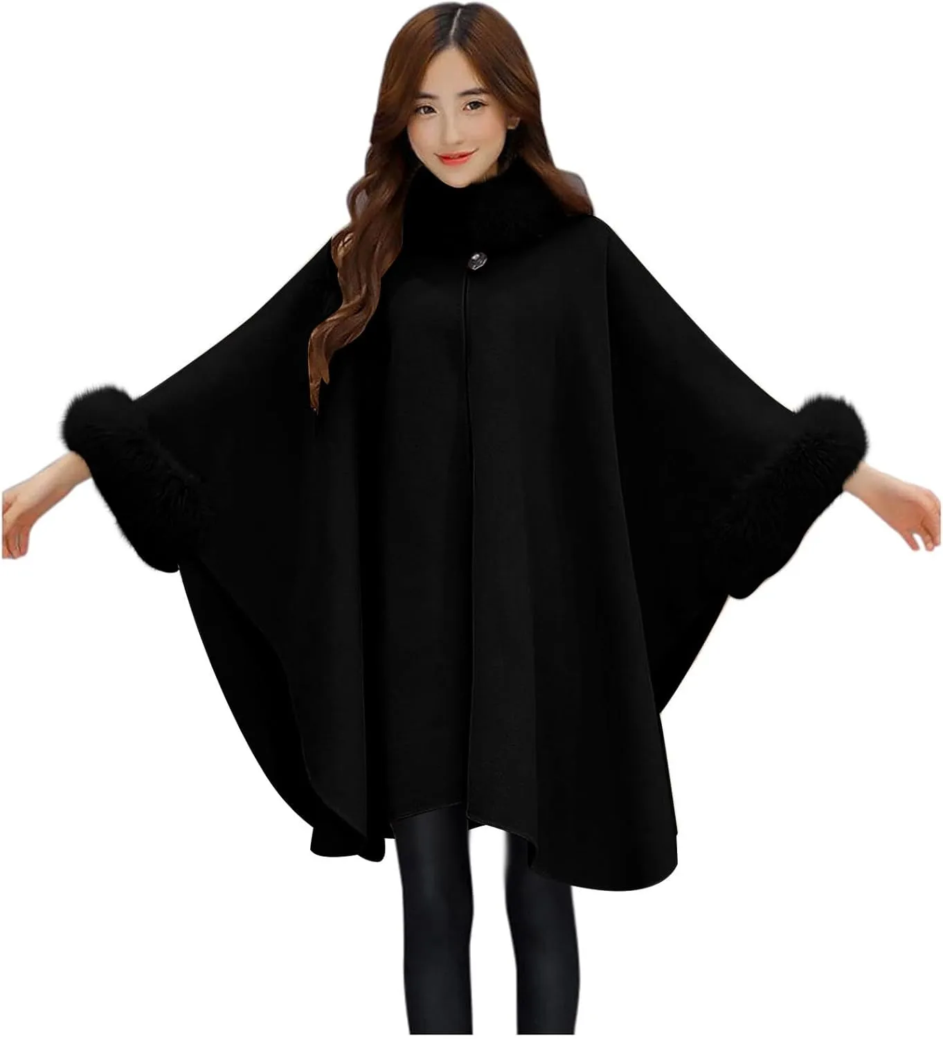 Women's Elegant Poncho Open Front Slit Sleeve Flowy Wool Blend Cape Cloak Overcoat Faux Fur Collar Pea Coat Trench Coat