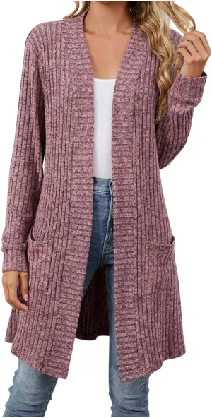 Womens Fall Long Cardigan Lightweight Soft Ribbed Knit Open Front Cardigan Sweaters Long Sleeve Coat Outwear