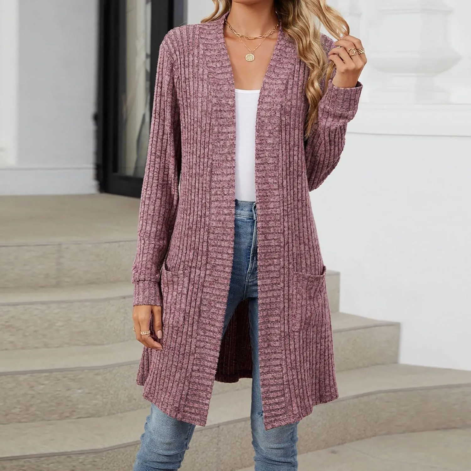 Womens Fall Long Cardigan Lightweight Soft Ribbed Knit Open Front Cardigan Sweaters Long Sleeve Coat Outwear