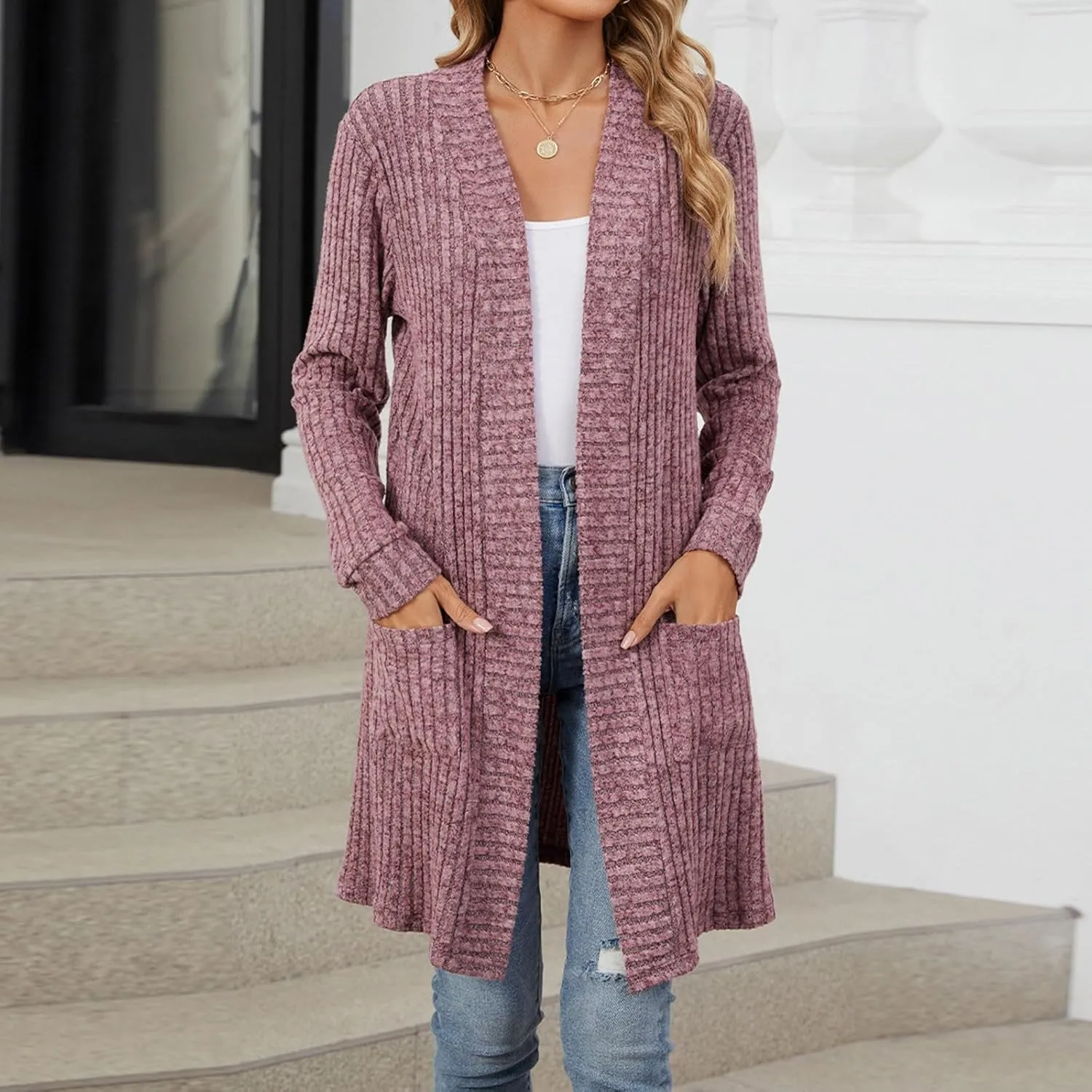 Womens Fall Long Cardigan Lightweight Soft Ribbed Knit Open Front Cardigan Sweaters Long Sleeve Coat Outwear