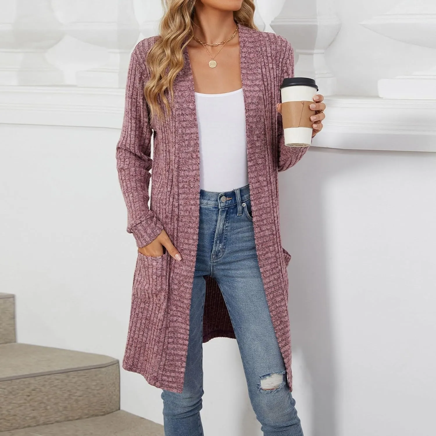 Womens Fall Long Cardigan Lightweight Soft Ribbed Knit Open Front Cardigan Sweaters Long Sleeve Coat Outwear