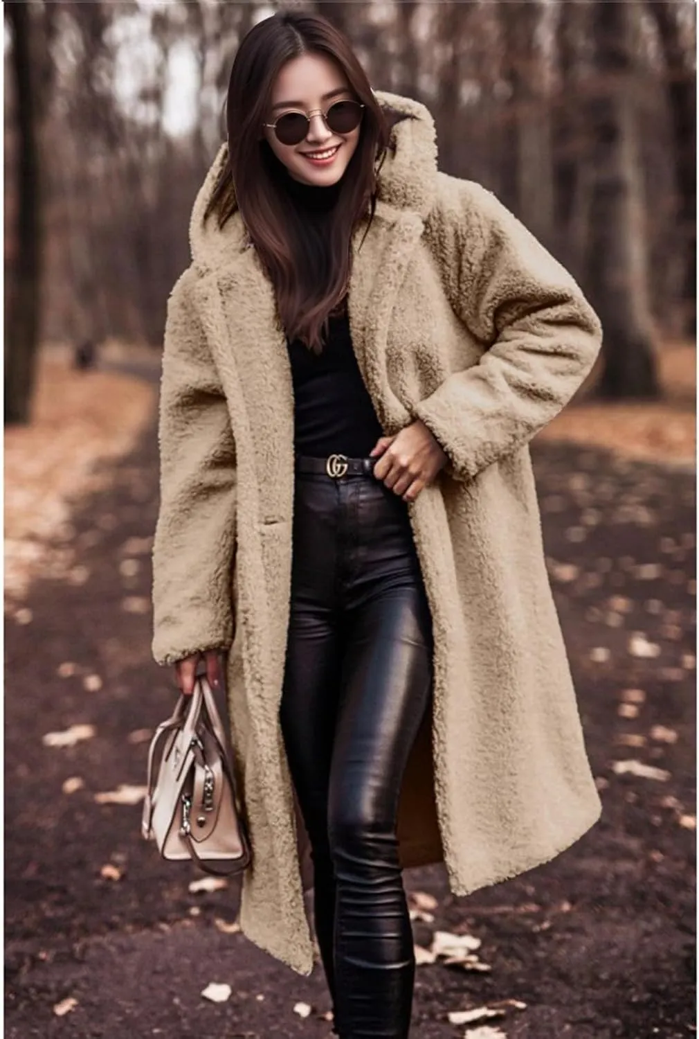 Womens Faux Fur Coat Winter Fuzzy Fleece Hooded Jacket Casual Loose Warm Button Down Sherpa Overcoat