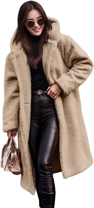 Womens Faux Fur Coat Winter Fuzzy Fleece Hooded Jacket Casual Loose Warm Button Down Sherpa Overcoat