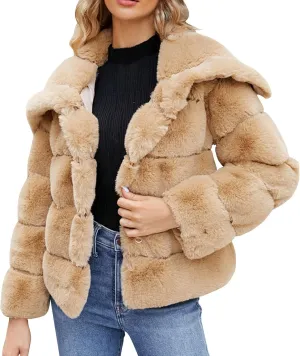 Women's Faux Fur Cropped Coat Long Sleeve Open Front Winter Jacket Plus Size Fluffy Puffer Zip Up Teddy Overcoat