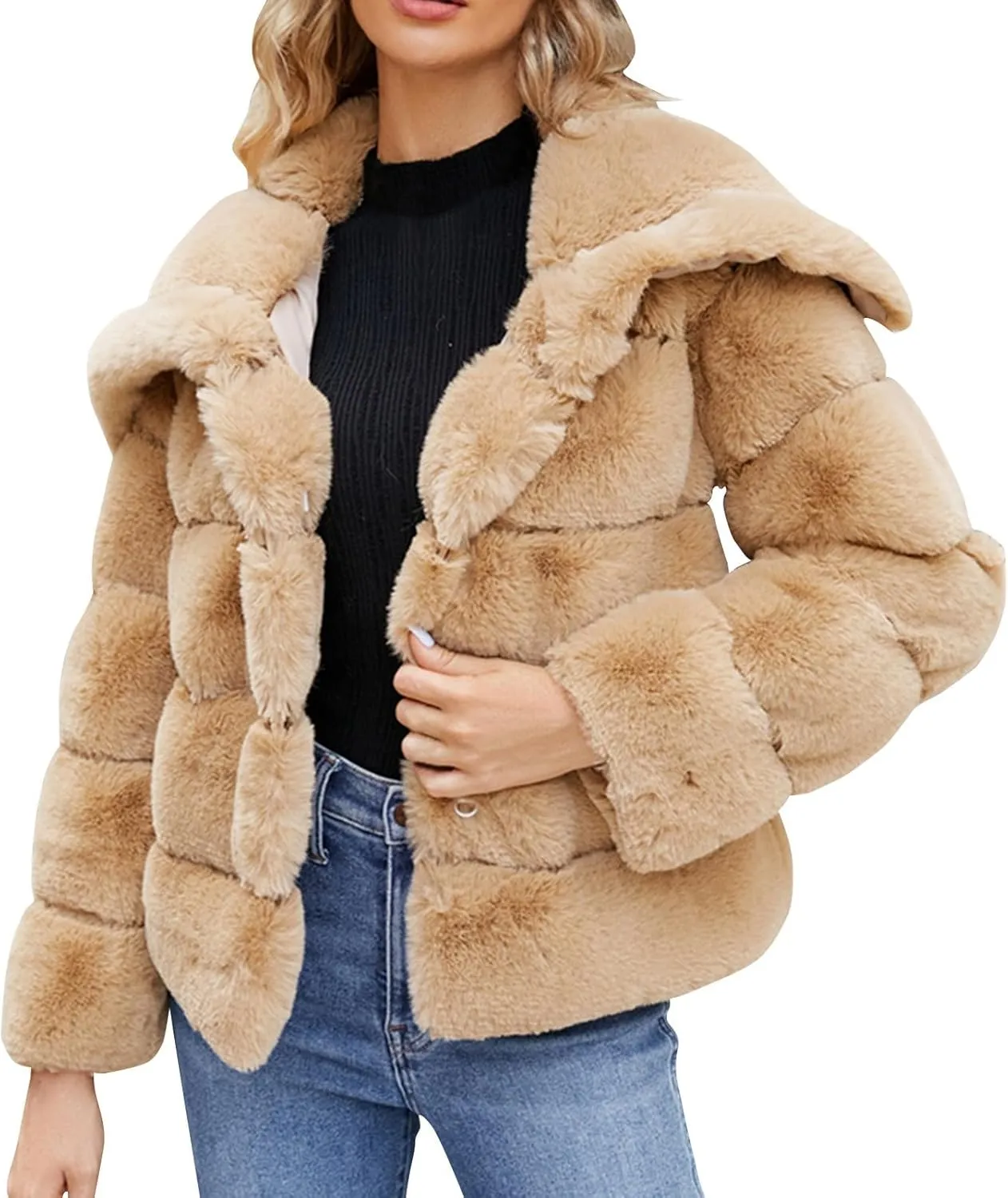Women's Faux Fur Cropped Coat Long Sleeve Open Front Winter Jacket Plus Size Fluffy Puffer Zip Up Teddy Overcoat