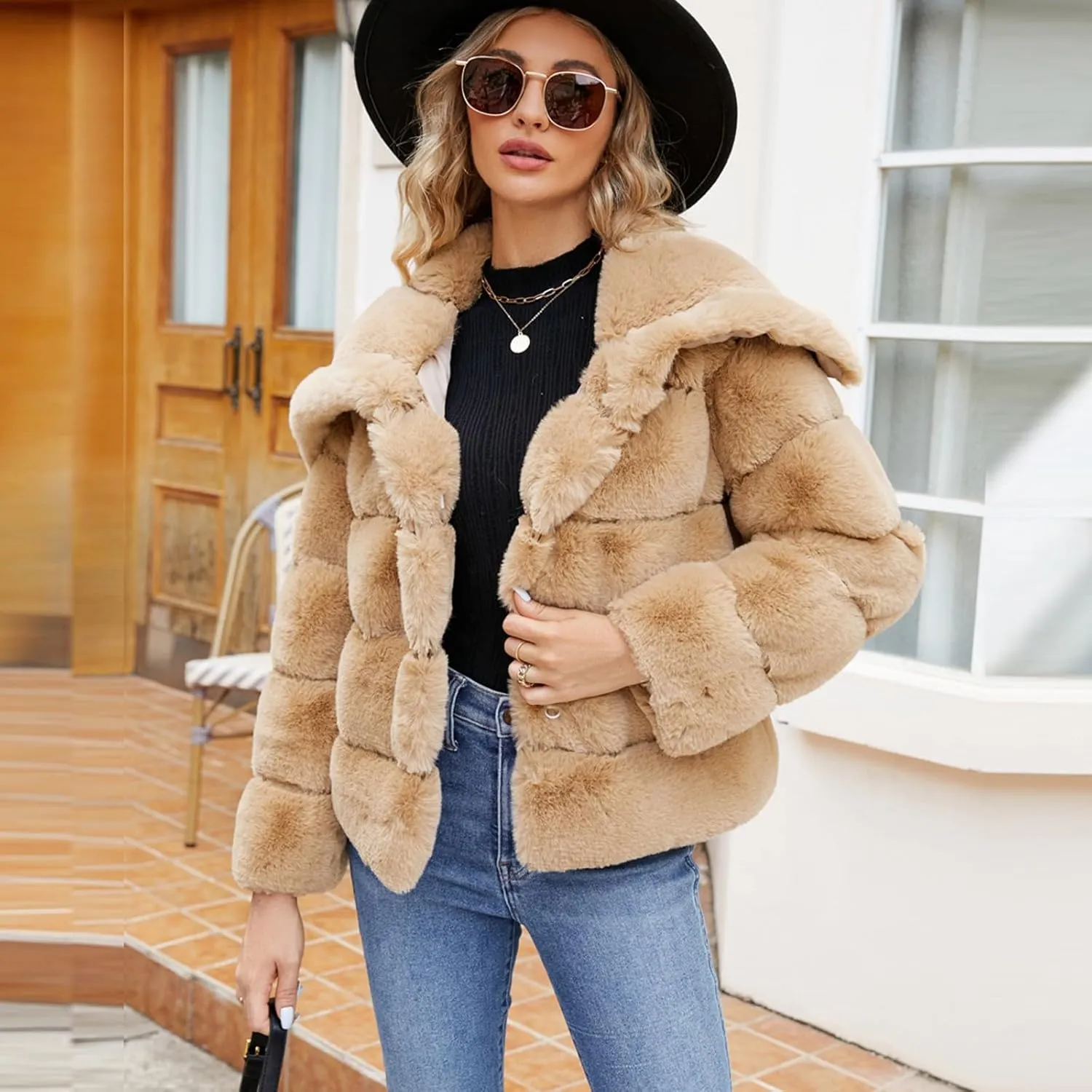 Women's Faux Fur Cropped Coat Long Sleeve Open Front Winter Jacket Plus Size Fluffy Puffer Zip Up Teddy Overcoat