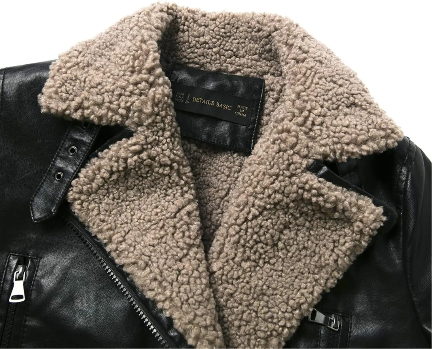 Women's Faux Leather Sherpa Lined Motorcycle Jacket Sheepskin Aviator Leather Jacket Zip Assymetrical Bomber Jackets