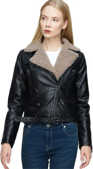 Women's Faux Leather Sherpa Lined Motorcycle Jacket Sheepskin Aviator Leather Jacket Zip Assymetrical Bomber Jackets