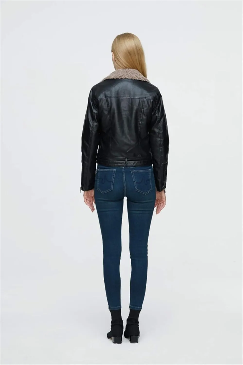 Women's Faux Leather Sherpa Lined Motorcycle Jacket Sheepskin Aviator Leather Jacket Zip Assymetrical Bomber Jackets