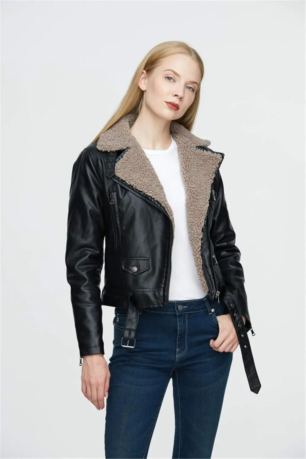 Women's Faux Leather Sherpa Lined Motorcycle Jacket Sheepskin Aviator Leather Jacket Zip Assymetrical Bomber Jackets